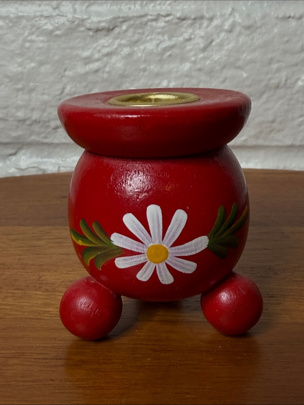 Vintage Swedish Hand‑Painted Red Wooden Candle Holder – A‑Bra Slöjd Värnamo Folk